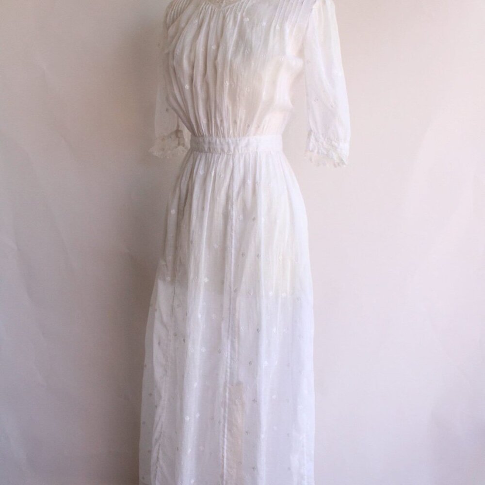 Vintage Antique 1900s 1910s Dress, Edwardian White Cotton And Lace Embroidered - Picture 5 of 10